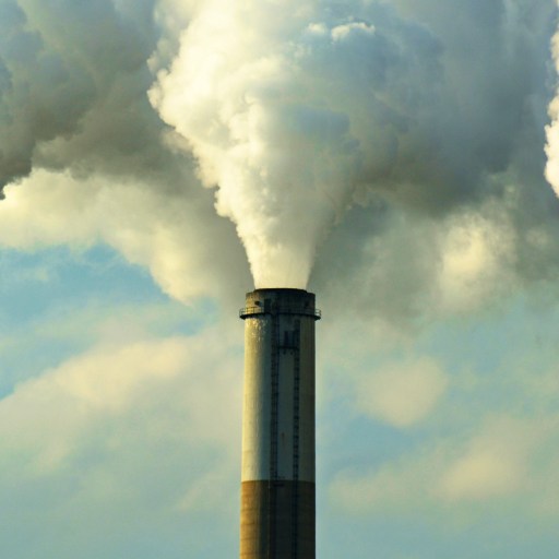 Three industrial smokestacks emit dense, white smoke against a blue sky.