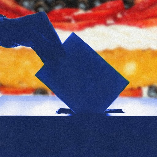 A silhouette of a hand casting a ballot set against a background of abstract red and white patterns.