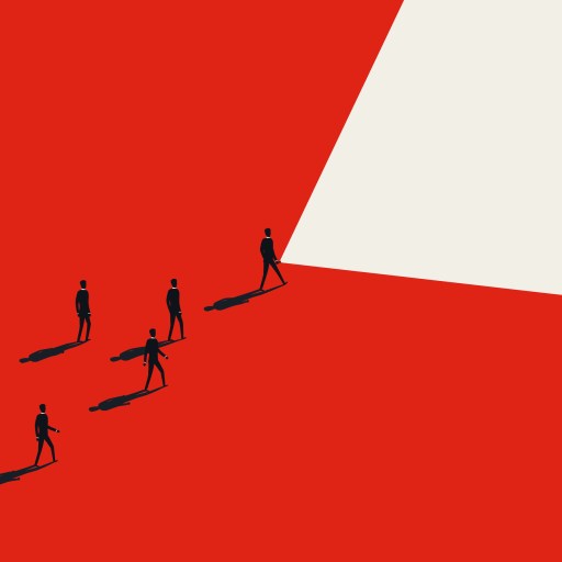 Five silhouetted figures walk towards a bright white area on a predominantly red background, casting long shadows—an evocative portrayal of leadership skills in action.