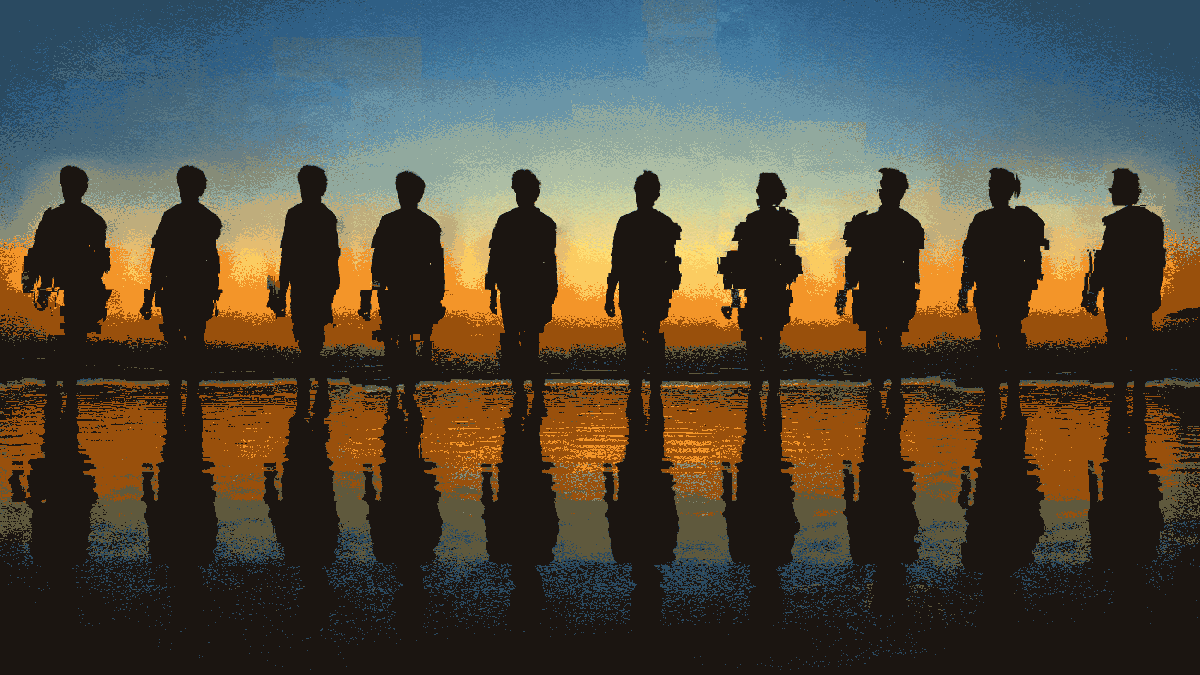 Silhouettes of ten people stand on a reflective wet surface against a backdrop of a sunset sky, symbolizing AI.