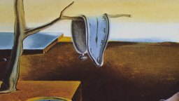 A melting clock drapes over a bare tree branch in a surreal, barren landscape with simple geometric shapes and muted colors.