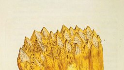 Illustration of a cluster of yellow crystal formations with pointed tips, drawn on a light, off-white background.