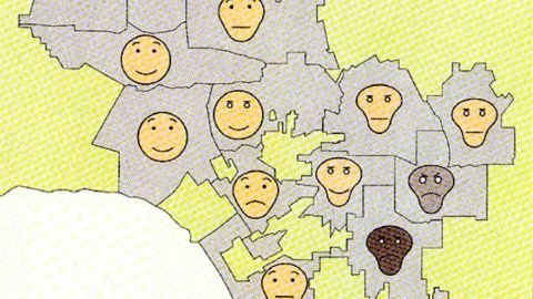 A map with various yellow and brown faces showing different emotions, representing different regions.