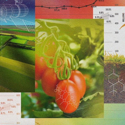 A collage of agricultural imagery including a drone, fields, tomatoes, a plant sprout diagram, and various charts and graphs related to farming data.