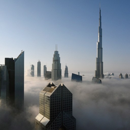 Skyline of a city with tall skyscrapers emerging above a thick layer of fog on a clear day, including one exceptionally tall building towering over the tallest buildings.