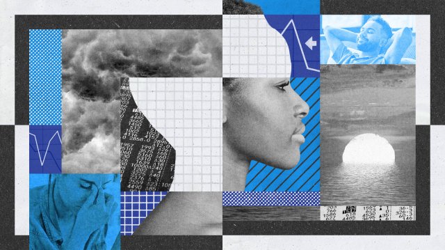 A collage image featuring a side profile of a person, abstract patterns, financial data, a cloudy sky, a person resting, another with head in hands&mdash;capturing the essence of freedom from hindsight bias&mdash;and a sunset over the ocean.