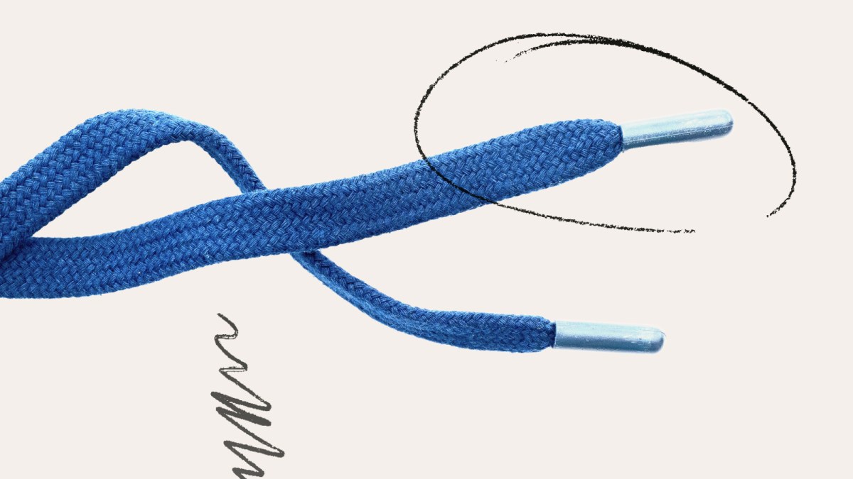 Close-up of a blue shoelace with silver aglets, transforming ordinary things into art against a plain background featuring black squiggle and circular sketch marks.