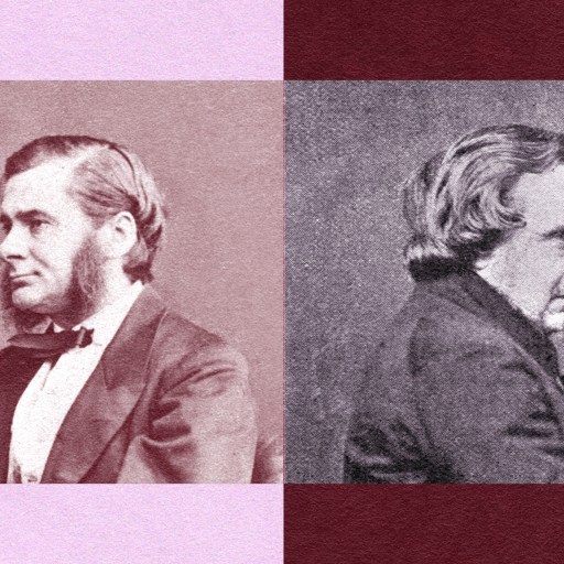 Side-by-side sepia-toned portrait images of huxley and wilberforce in 19th-century attire, facing opposite directions, merged with a vertical dividing line.