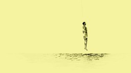 A solitary figure is suspended in midair above a textured ground, set against a yellow background.