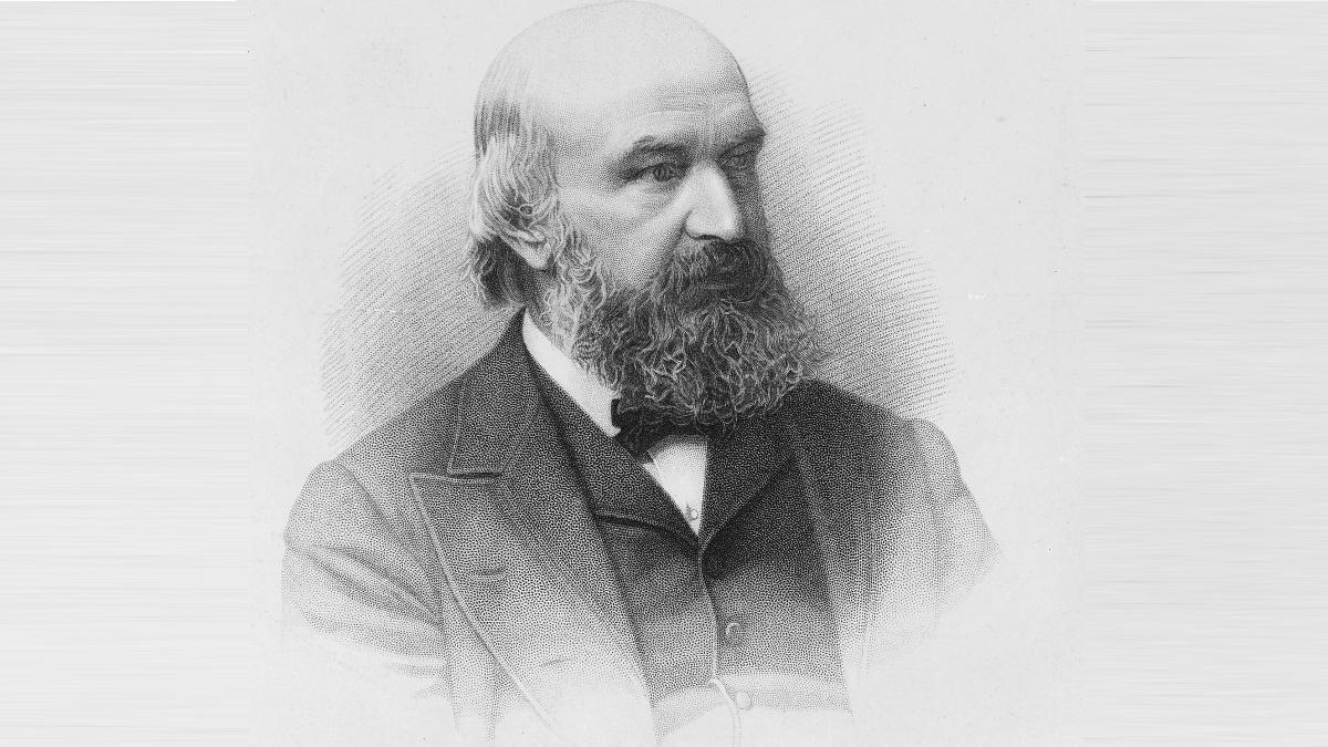 Black and white sketch of a bald man with a long beard, wearing a suit and bow tie, looking to his left.