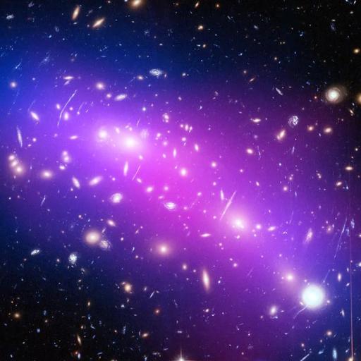 Image of a galaxy cluster with a purple haze showing dark matter, surrounded by numerous distant stars and galaxies against the dark backdrop of space.