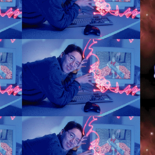 A person in glasses using a computer is repeated four times on the left, showcasing the intensity of the first pro gamer, while two video game screenshots are featured on the right side of the image. Pink neon lines are superimposed over the scenes.