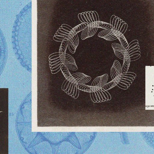 A collage featuring a detailed hand drawing, a scientific diagram of a circular interconnected pattern, and a black and white diagram resembling a microorganism on a blue background.