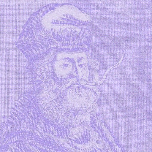 Portrait of an older man with a beard wearing a hat, depicted in purple tones, with scientific and alchemical symbols in the background, capturing the essence of a truth machine.
