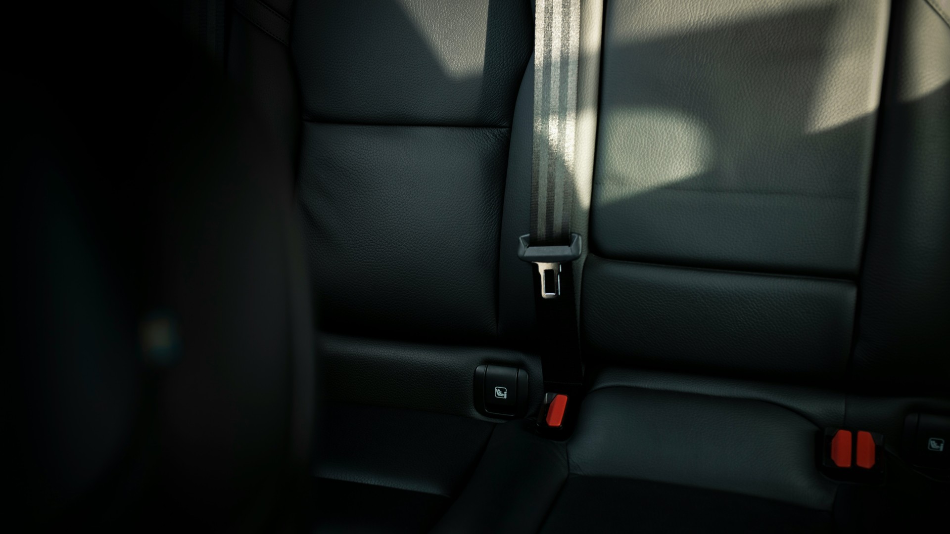 A close-up of a car's black leather backseat with visible seatbelt buckles and stitching.