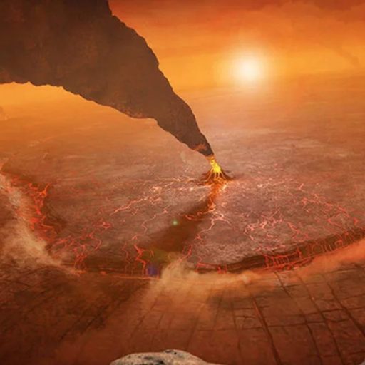 A fiery landscape with molten lava flows and a distant orange sky. Smoke rises from several volcanoes, the most prominent one in the middle emitting a large plume reminiscent of things sent into space. Rocky foreground.