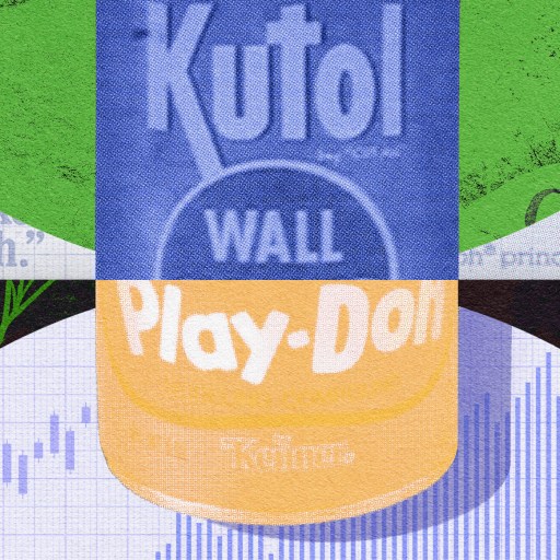 A close-up illustration of a Play-Doh container with the words "Kutol" and "Wall" on it, symbolizing its lasting success. The background features text fragments and abstract patterns.