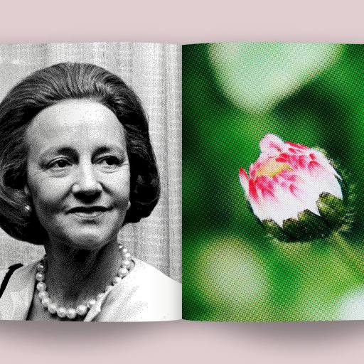An open book with a black-and-white photo of a woman on the left page and a close-up image of a flower bud on the right page.