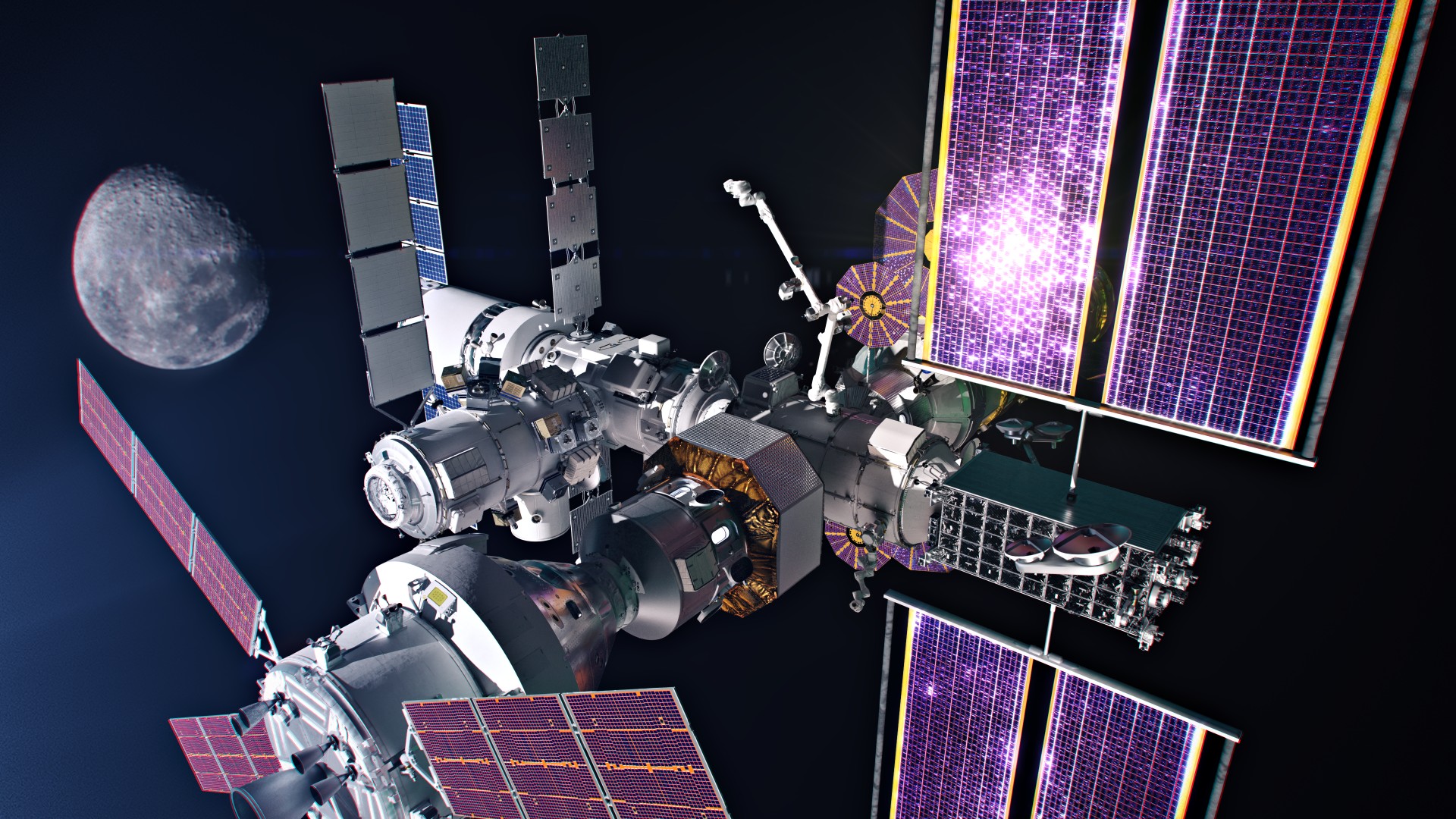 A space station with solar panels is orbiting in space with a celestial body in the background.
