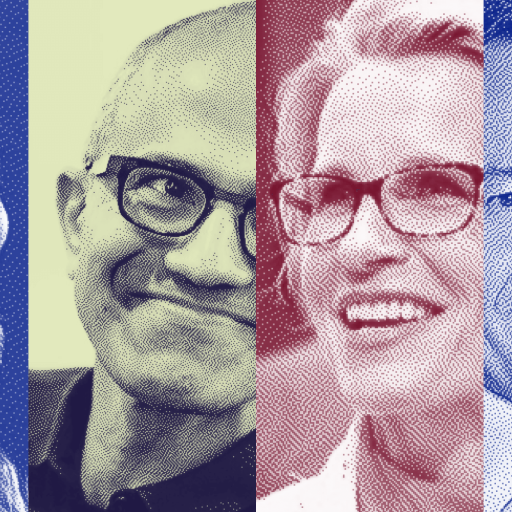 A digitally stylized image of four individuals, each in a different colored filter—blue, green, red, and blue—capturing the essence of an innovation strategy. The individuals are smiling and wearing glasses.