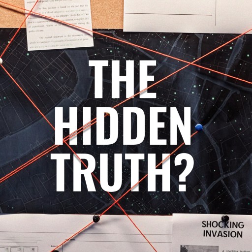 A bulletin board with newspaper clippings, maps, and strings. The text "THE HIDDEN TRUTH?" is prominently displayed in the center.