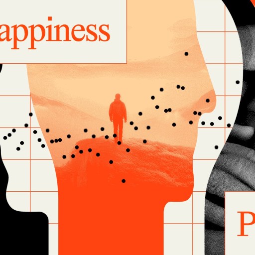 Abstract design with human profiles, a silhouette of a person walking, and text reading "The Happiness Paradox 4" on a grid background.