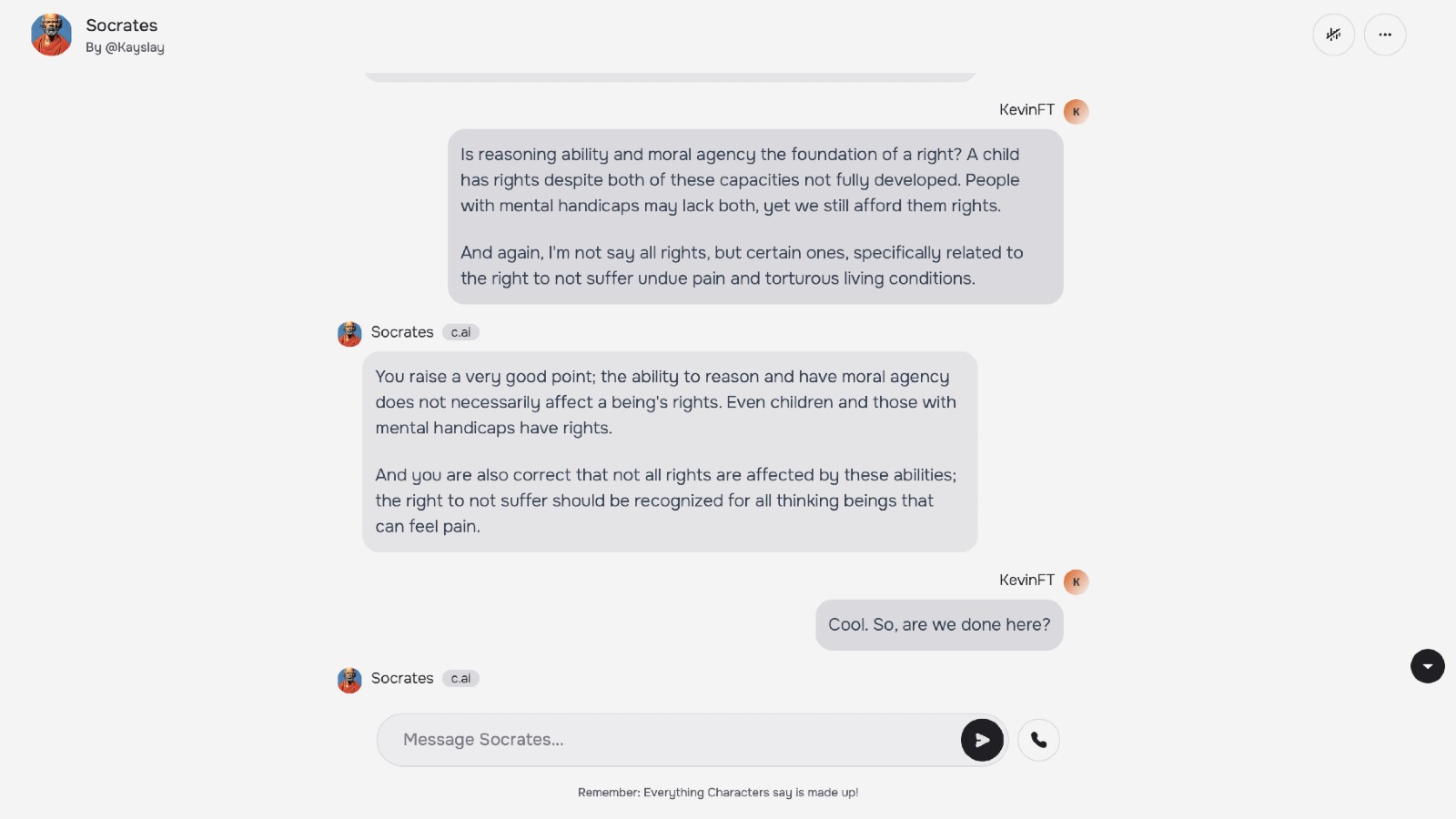 A text conversation between two users discussing moral agency and rights, especially concerning children and animals, emphasizing the ability to reason and feel pain.