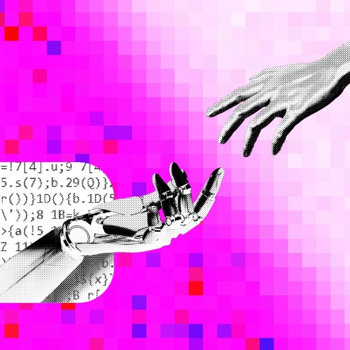 A human hand reaches toward a robotic hand, which includes a speech bubble with mathematical code. A pixelated pink background completes the scene.