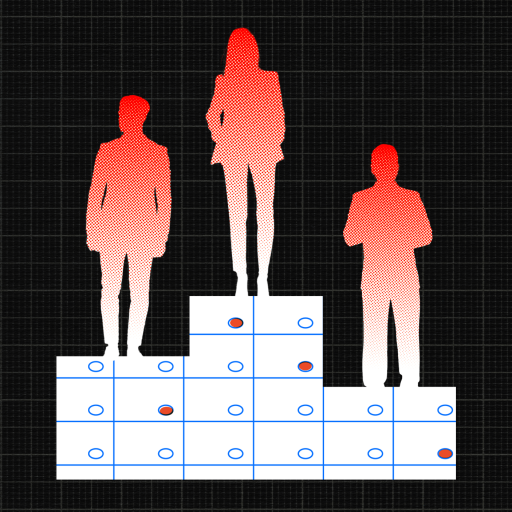 Silhouettes of three people in red stand on a podium made of white cubes, evoking the spirit of ranked choice voting, with blue circles against a dark grid background.