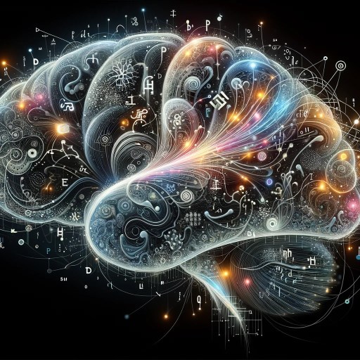 A glowing, abstract representation of a brain, with intricate patterns and lights reminiscent of the innovative spirit behind the Nobel Prize in Physics 2024, set against a dark backdrop.