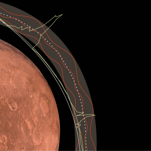Illustration of Mars with overlaid data graphs and lines, offering analytical representations that unravel the mysteries of dark matter.