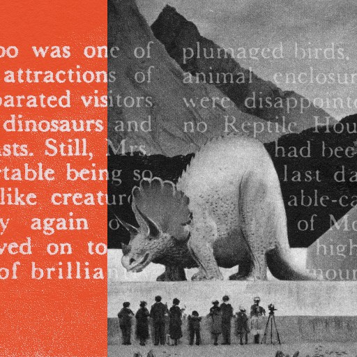 Collaged image of text and a black-and-white scene with a dinosaur and mountainous backdrop. The year "1950" is visible in the bottom left corner.