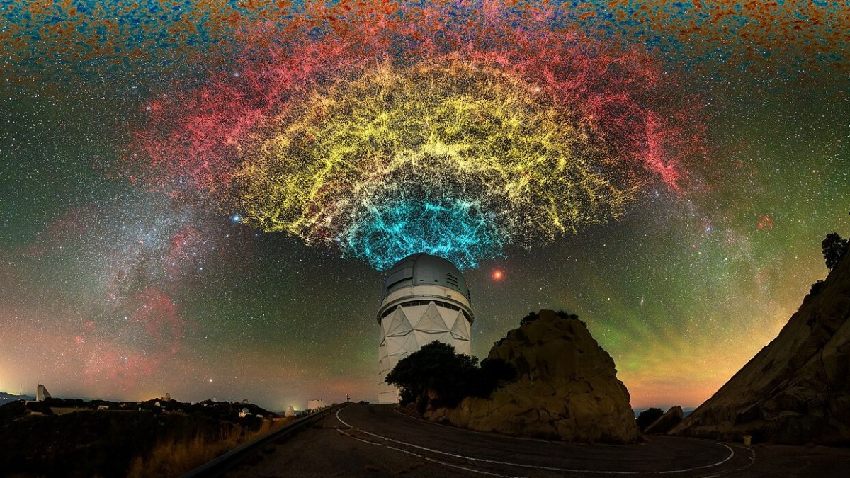 A telescope beneath a colorful, abstract visualization of the universe, with a starry night sky in the background.
