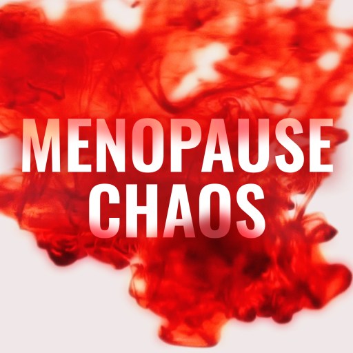 Red ink disperses in water with the words "Menopause Chaos" overlaid in bold white font.