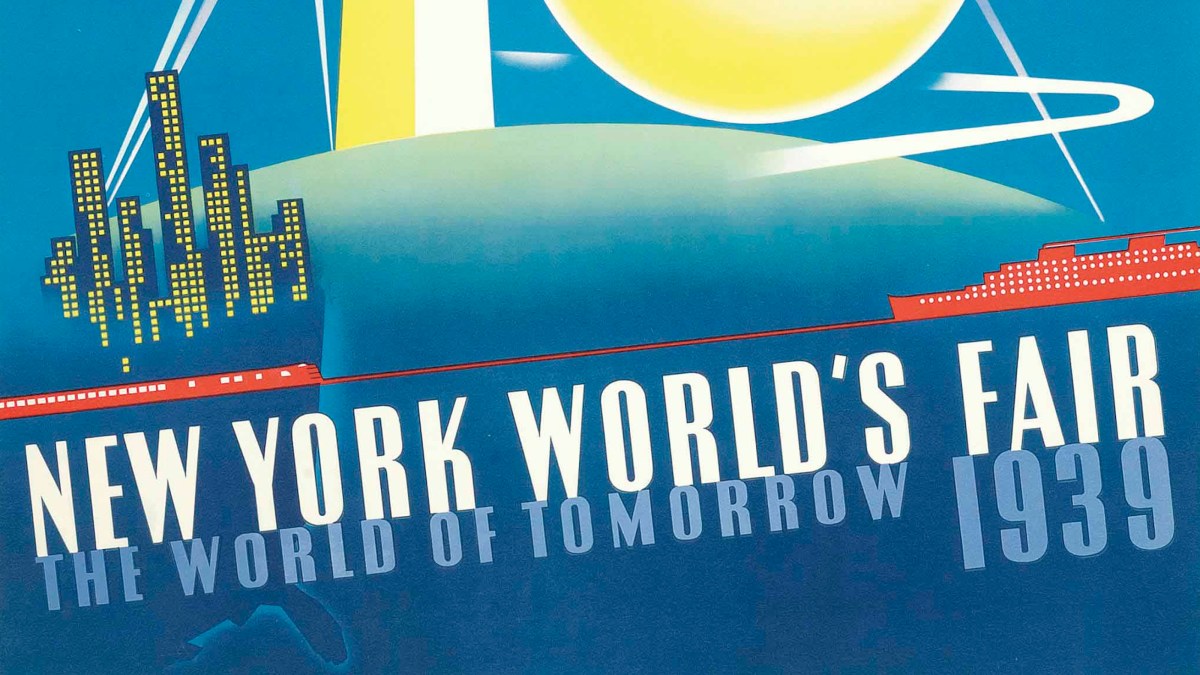 Poster for the 1939 New York World's Fair, featuring a stylized skyline, ocean liner, and the slogan "The World of Tomorrow," encapsulating future visions that captivate imaginations and inspire exploration.