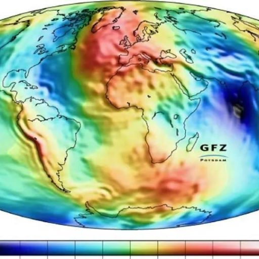 Global geoid map with colorful variations representing differences in Earth's gravity field. The scale ranges from -100 (low) to 100 (high). Europe's position is central.