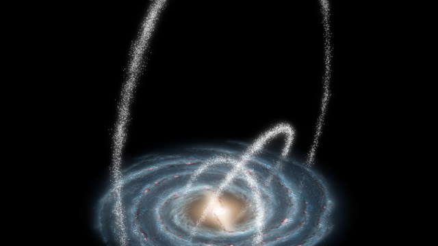Illustration of a galactic collision, showing one galaxy colliding with the Milky Way, creating a loop of stars and cosmic material against a black background.