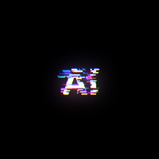 The letters "AI" appear with a glitch effect in multicolored pixels against a black background.