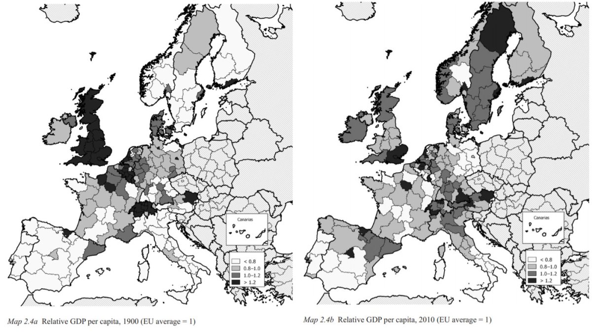 Two maps show relative GDP per capita in Europe comparing 1900 and 2010. Darker shades indicate higher GDP relative to the EU average.