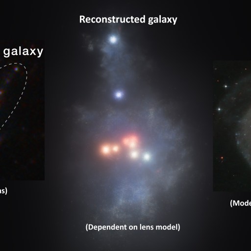 The image showcases the JWST observations of the Firefly Sparkle galaxy alongside UGC 12158, a modern Milky Way analogue. It includes a reconstructed galaxy reminiscent of a baby Milky Way, beautifully interpreted through a lens model.
