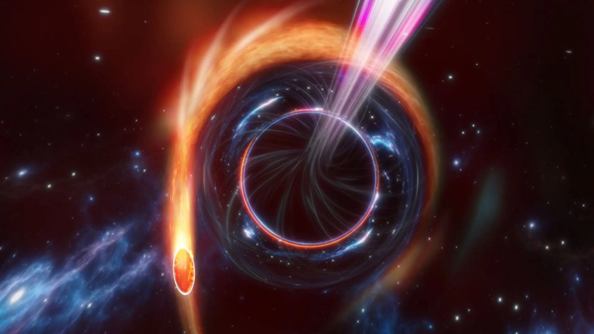 A supermassive black hole caught turning on reveals a mesmerizing cosmic dance, with bright streams of light and colorful gases swirling around it against a starry backdrop.