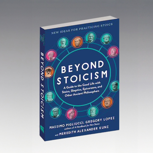 The cover of "Beyond Stoicism" by Pigliucci, Lopez, and Kunz masterfully blends historical philosopher portraits into a circular design, reflecting the depth and timeless relevance of stoicism.