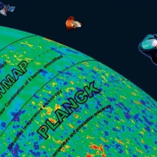 Diagram showing the cosmic microwave background radiation with satellites COBE, WMAP, and Planck, illustrating improvements in observational detail and resolution.