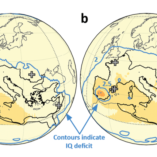 Map showing regions in Europe and North Africa. Two parts labeled 'a' and 'b' highlight areas with IQ deficit contours. Several crosses are marked on the map.