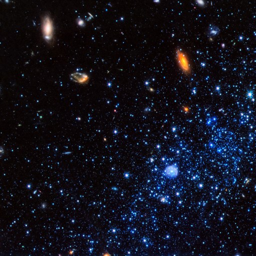 A dense star field with various galaxies and cosmic bodies scattered, showcasing a vibrant and colorful view of space. Among them, an isolated galaxy grows in brilliance, capturing the imagination with its distant allure.