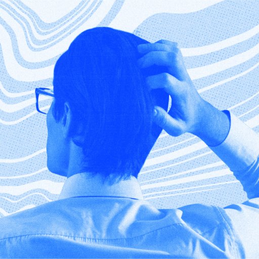 A person with glasses, viewed from behind, scratches their head thoughtfully as if pondering the complexities faced by accidental managers. The background is adorned with abstract blue and white wavy lines, adding a sense of fluidity to the scene.
