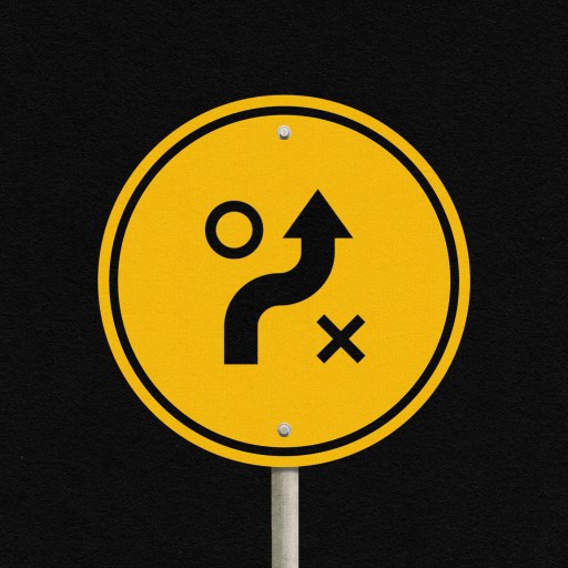 Yellow round sign with black symbols: arrow curving up, circle on left, X on right, on a black background.