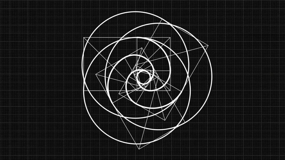 An abstract geometric pattern of spirals and interlocking squares in white on a black grid background evokes the elegant precision often found at the intersection of mathematics and science.