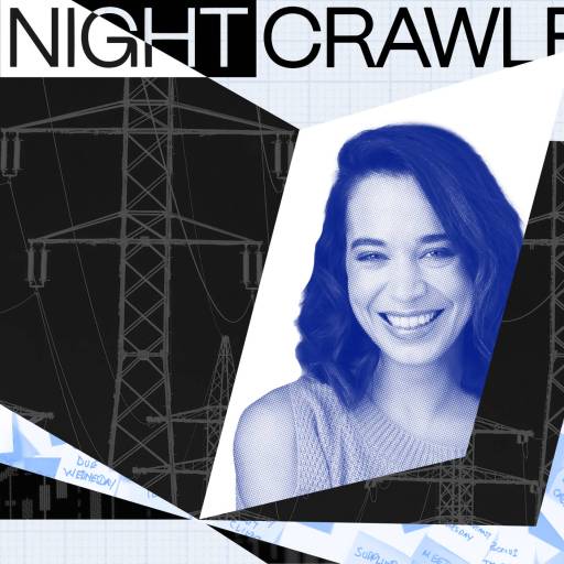 Collage featuring a woman smiling, the text "The Nightcrawler," power lines, and multiple sticky notes with handwritten text detailing tiny experiments.