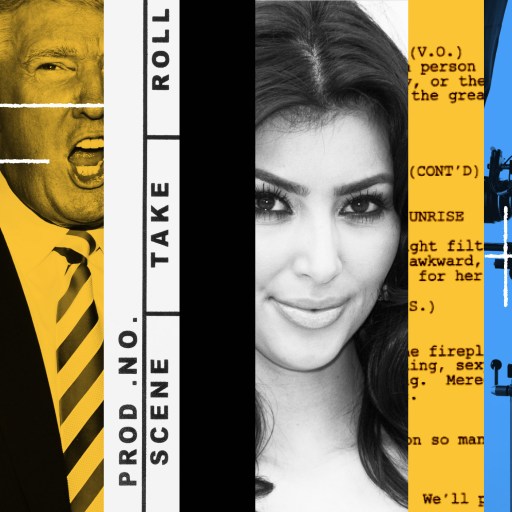 Collage featuring Donald Trump on 'The Apprentice', Kim Kardashian on a red carpet, a film script, and a camera operator, capturing the behind-the-scenes essence of reality TV.